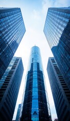 Obraz premium Modern skyscrapers reaching towards a clear blue sky, showcasing urban architectural design.