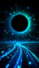Obraz premium A cosmic scene featuring a black hole with radiant blue light streaks curving through space.