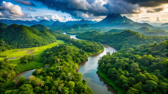 Aerial view of lush tropical rainforest river and dense green canopy