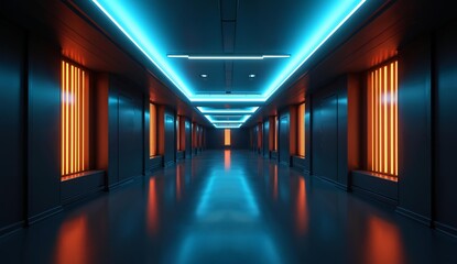Fototapeta premium Futuristic Corridor with Neon Lighting and Reflective Floor
