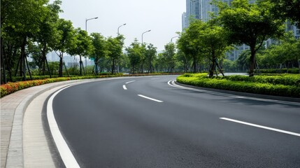 Naklejka premium Urban Road Curve with Green Trees and Modern Buildings in a City Landscape