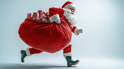 Minimalist white background with Santa Claus running carrying large red sack of gifts, side view wide-angle shot, high quality for Christmas cards, social media posts, and festive decoration designs.