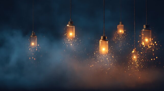 Glowing Mason Jar Lights with Sparkling Embers Suspended in Smokey Air Against a Dark Background