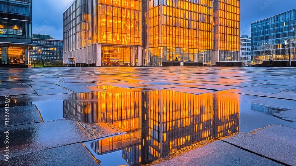 Poster reflections of modern architecture creating a stunning symmetrical cityscape visual