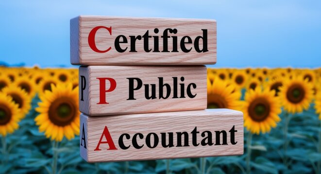 Conceptual CPA certified public accountant credential blocks stacked against a sunflower field background representing finance and expertise