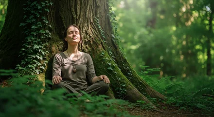 Tissu par mètre  Woman meditating peacefully at the base of a large tree in a sunlit green forest  © Atmospheres