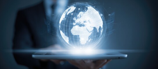 Holographic globe displayed on a tablet. Businessperson holds a tablet computer showcasing a holographic, translucent globe