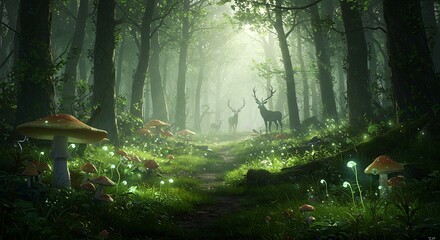 Enchanted Forest with Glowing Mushrooms and Deer