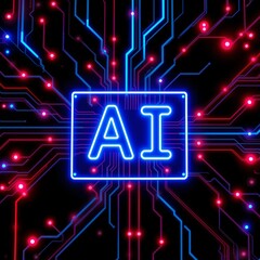 Fototapeta premium AI text highlighted in neon blue on a circuit board background with glowing red and blue lines.