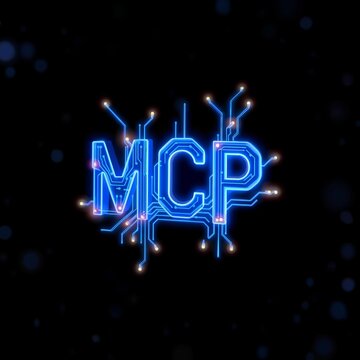 Neon Blue 'MCP' Text with Circuit-like Design on Dark Background