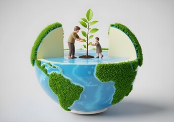 3D illustration of father and child holding plant in front of Earth promoting Earth Day sustainability and environmental protection