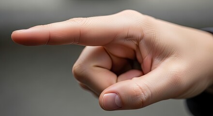 Focused Intent: A Sharp, Detailed Close-up of a Pointing Finger Against a Soft Gray Bokeh.