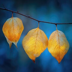 Three golden leaves hang from a branch against a blurred blue backdrop