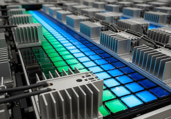 Fototapeta premium Close up of advanced electric vehicle battery pack with colorful cells representing renewable energy storage technology for sustainable transportation