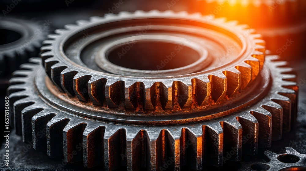 Poster close-up view of interlocking gears.