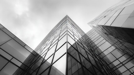 Modern Architecture: Low Angle View of a Glass Skyscraper Facade Against a Cloudy Sky, Monochrome
