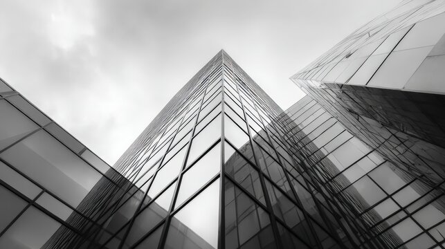 Modern Architecture: Low Angle View of a Glass Skyscraper Facade Against a Cloudy Sky, Monochrome