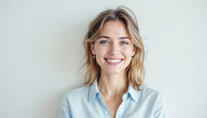Obraz premium Portrait of smiling white woman, light brown hair, wearing light blue shirt on white background. 