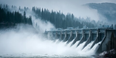 Fototapeta premium Powerful water dam releasing overflowing water into river, alaska