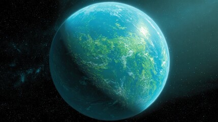 Fototapeta premium Lush Exoplanet Render with Green Vegetation and Blue Oceans in Starry Outer Space