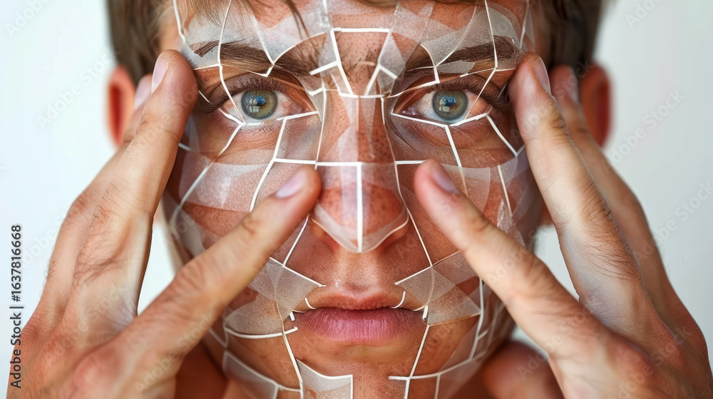 Poster intriguing close-up of a young man with a fragmented appearance, showcasing a unique artistic expres