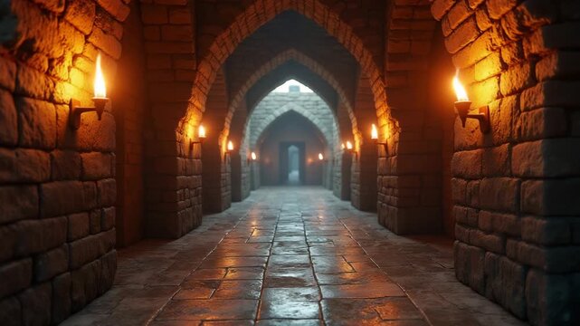 Ancient vaulted corridor in a medieval castle filled with mysterious atmosphere and lit by candles