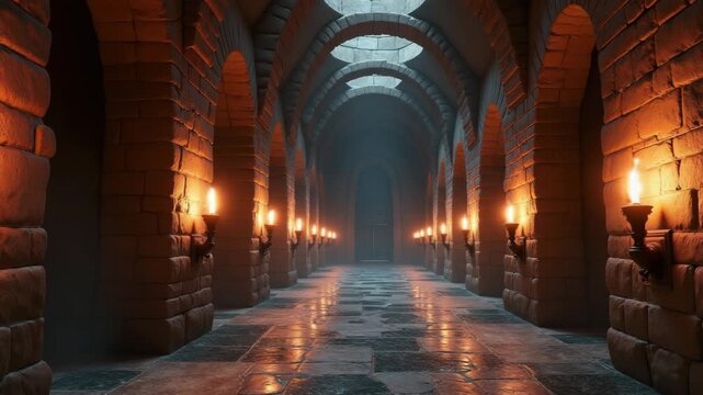 Ancient vaulted corridor in a medieval castle filled with mysterious atmosphere and lit by candles