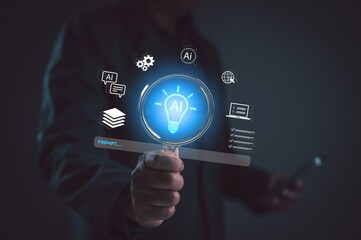 Businessman's hand holds virtual prompt search bar, magnifying glass revealing glowing AI...
