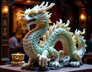 Fototapeta premium Detailed sculpture of mythical dragon with fierce expression, intricate scales, and flowing mane, displayed indoors with warm