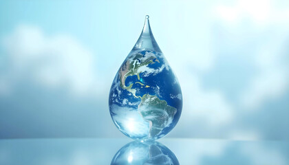 Planet Earth shaped as water drop floating in sky symbolizing Earth Day water conservation climate change and environmental protection