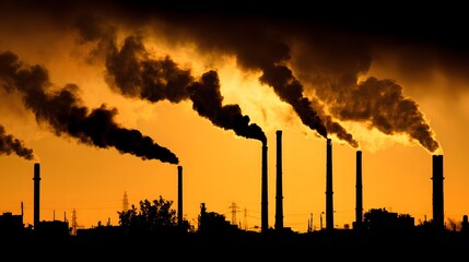 Obraz premium Industrial smoke plumes rising against a golden sunset.