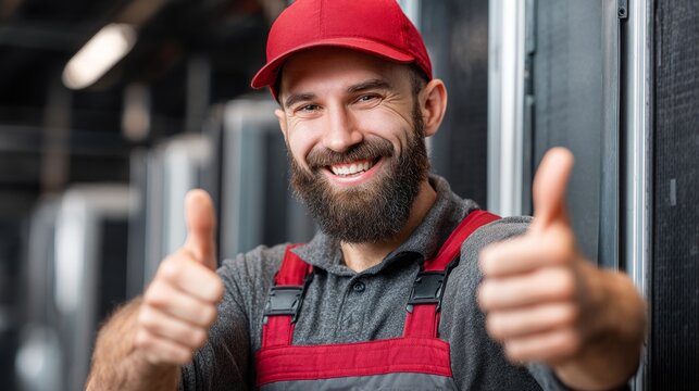 Happy electrician gives thumbs up while standing in a workshop surrounded by tools and equipment during the day