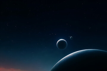 Distant Planets and Stars Against Dark Cosmic Background in Outer Space Exploration Scene