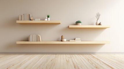 Fototapeta premium Minimalist Interior with Floating Shelves Displaying Books and Decorative Items in a Bright, Modern Room