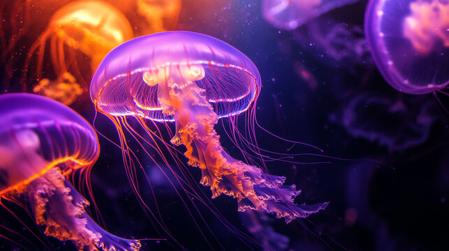 A group of luminous jellyfish with glowing orange and purple bells and long, flowing tentacles drift gracefully in dark, mysterious water.