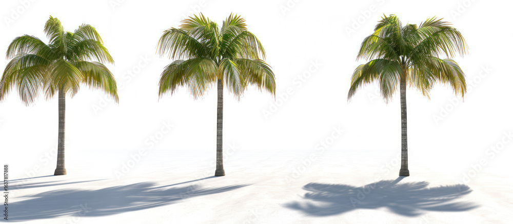 Poster three tropical palm trees isolated on a bright white background with long shadows and soft lighting 