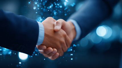 Business person shaking hand with digital partner over futuristic science blue background, artificial intelligence and machine learning concept

