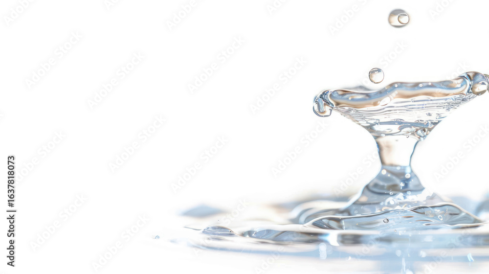 Poster water drop splash creating beautiful ripples on calm surface in soft white background