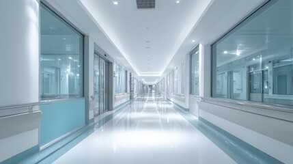 Modern Hospital Interior Long Corridor with Windows and Blue Accents, Clean and Bright Environment