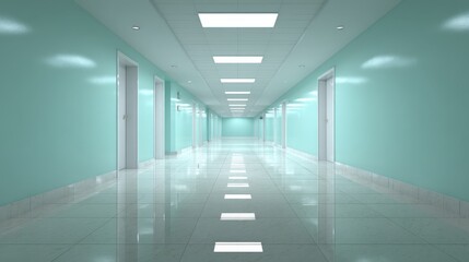 Empty Hospital Corridor with Green Walls and Modern Lighting System, Clean Environment and Perspective View