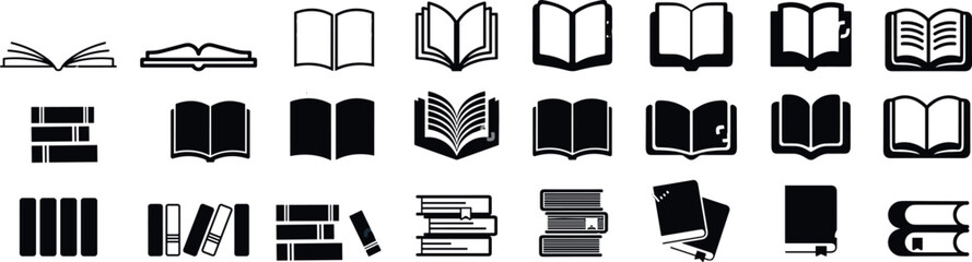 Collection of book icons, black and white vector set, open and closed books, library, education, reading, graphic design elements