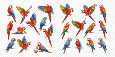 A collection of colorful macaw parrots illustrated in various dynamic poses, including flying, perching, and eating. © studio
