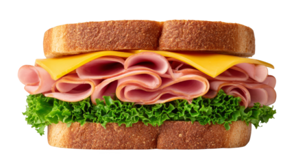 A delicious and freshly made sandwich stacked high with succulent slices of ham melted cheese and crisp green lettuce all nestled between two slices of soft bread ready to be eaten.
