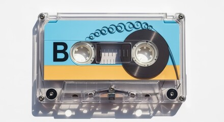 Fototapeta premium Retro Audio Cassette Tape with Blue and Yellow Label for Vintage Music Playback