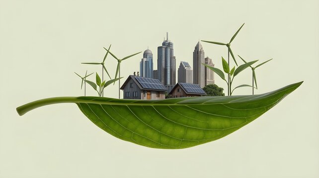 Green leaf supporting eco city with skyscrapers houses solar panels and wind turbines symbolizing renewable energy urban sustainability and climate action