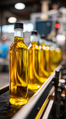Bottles of olive oil on a production line, showcasing the bottling process in a factory setting, with metallic surfaces and machinery in the background, highlighting industrial efficiency

