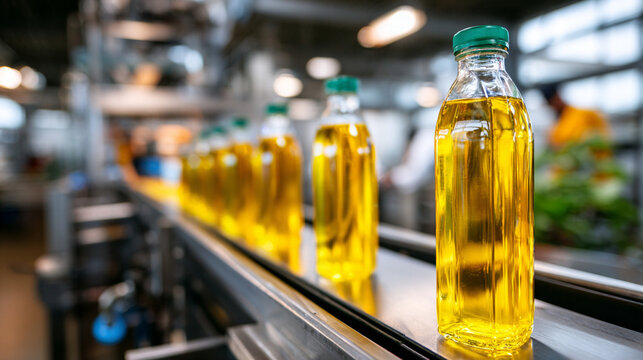 Bottles of olive oil on a production line, showcasing the bottling process in a factory setting, with metallic surfaces and machinery in the background, highlighting industrial efficiency

