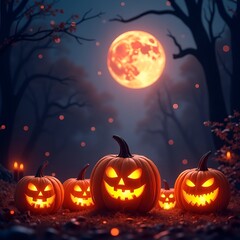 Happy Halloween Greeting with Glowing Pumpkins and Autumn Night Background