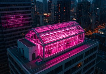 Urban rooftop greenhouse glowing with pink LED lights for sustainable agriculture in city skyline at night