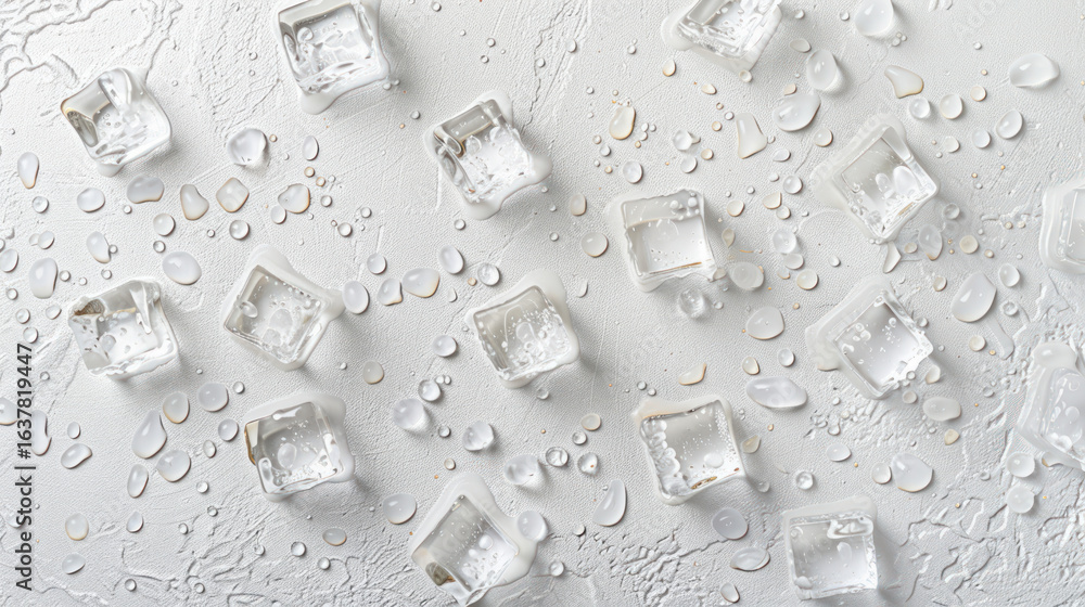 Poster ice cubes and water drops on white surface with textured background for refreshing beverage concepts